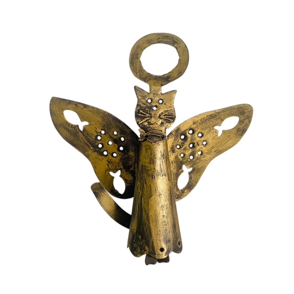 Metal Angel Cat Bell Gold Colored Metal Cat Sculpture